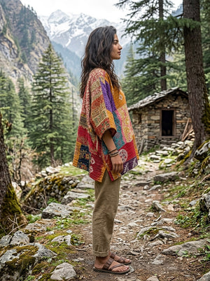 Wearing the Arohi Kantha Kaftan, a woman in sandals stands on a forest path with pine trees, mountains, and a small stone cabin in the background.