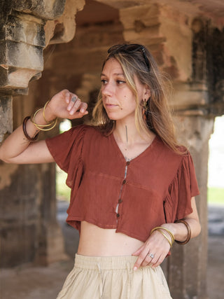 Vanya Boho Cotton Flared Sleeve  Rust Crop Top