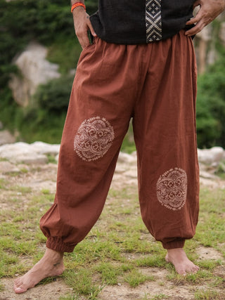 Beige Cotton Boho Pants with Red Tribal Mandala Print