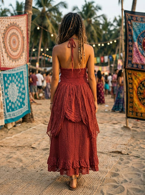 A person seen from behind at an outdoor festival, wearing a Rust Ember Nomad Maxi Dress featuring a rust-colored bohemian style with a halter neckline and a ruffled skirt.