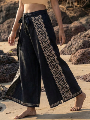 Fisherman wrap pants in hand block printed cotton by Crystal Heal