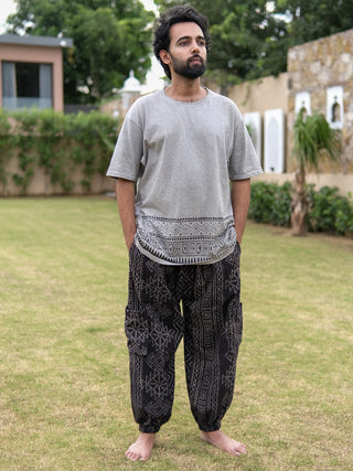 Grey Cotton Boho T-Shirt with Tribal Border Print