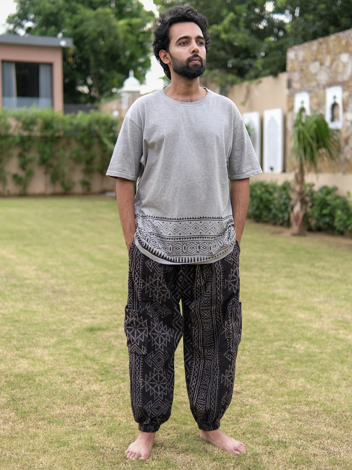 Grey Cotton Boho T-Shirt with Tribal Border Print