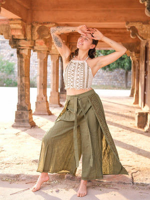 Fisherman wrap pants in hand block printed cotton by Crystal Heal