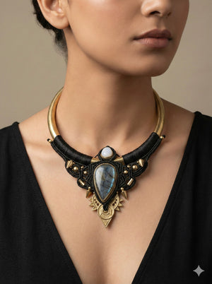A woman wearing a black V-neck top and the Elvara Necklace, an ornate, handmade macramé piece adorned with gold, black, and stone accents. The necklace features a large teardrop-shaped labradorite moonstone at its center.
