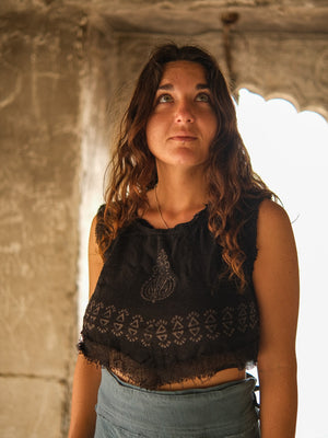 Liva boho crop top in hand block print fabric by Crystal Heal