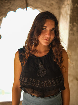 Liva boho crop top in hand block print fabric by Crystal Heal