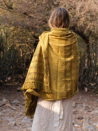 In a rocky, tree-lined area with cacti, a person with long hair enjoys the warmth of a Neelkanth Shawl draped over a light-colored dress. The shawls intricate patterns evoke Rajasthani hand block prints.