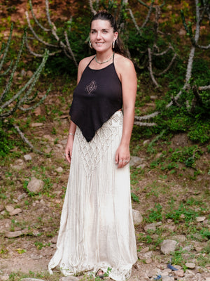 Siara long boho maxi skirt in block print cotton with macrame front panel by Crystal Heal