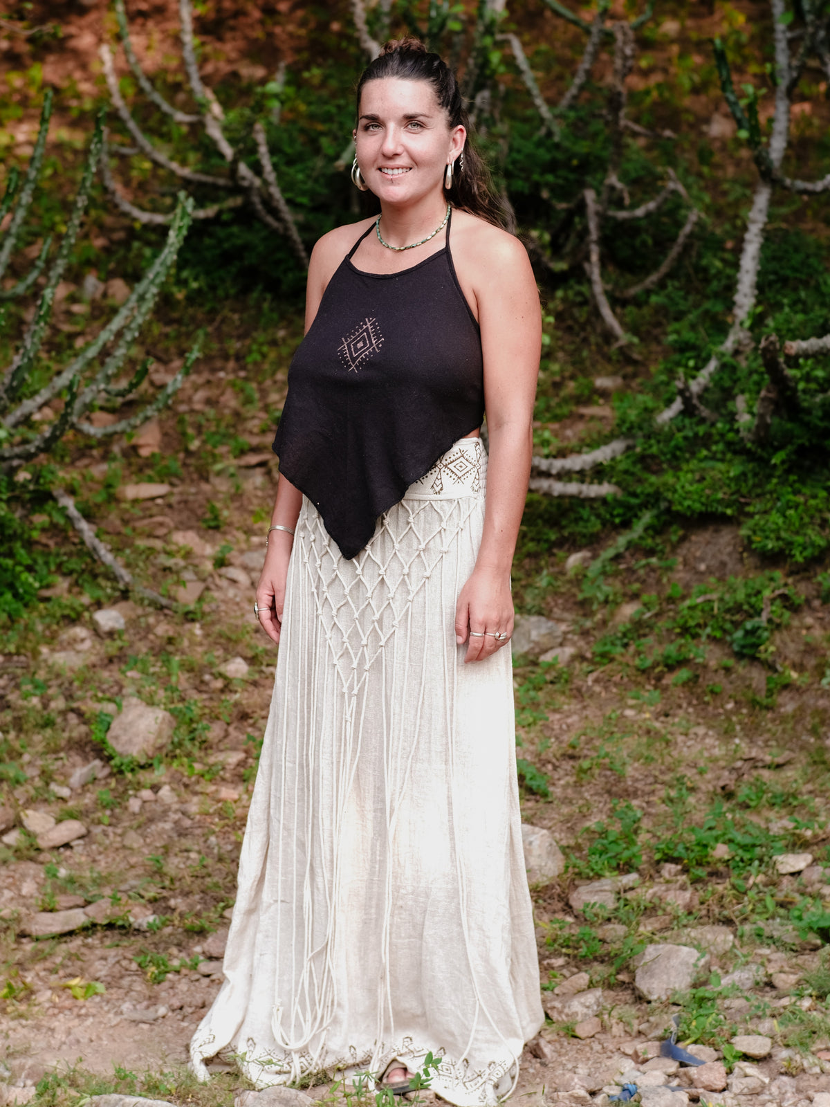 Siara long boho maxi skirt in block print cotton with macrame front panel by Crystal Heal
