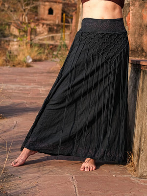 Siara long boho maxi skirt in block print cotton with macrame front panel by Crystal Heal