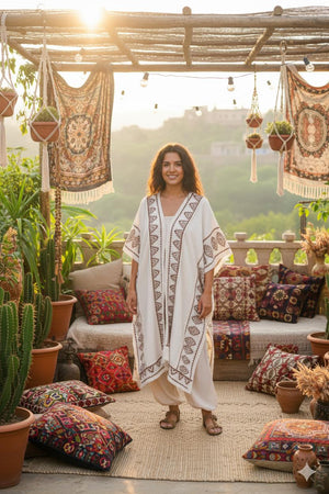 Full-length front view of the model in the natural cream knit kimono with the brown block printed geometric borders on the front bands and sleeves, styled on a bohemian terrace with cushion seating, hanging macrame and potted cacti at golden hour.