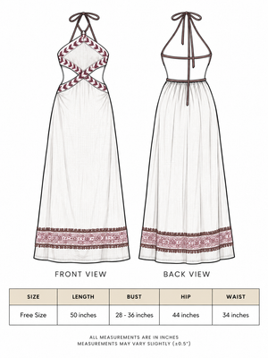 Aadhya Maxi Dress size chart with front and back illustrations, free size measurements in inches