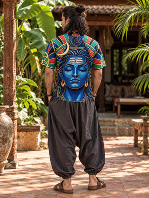 Back view of Aadi Dev blue Shiva print shirt for men showing full Mahadev artwork panel