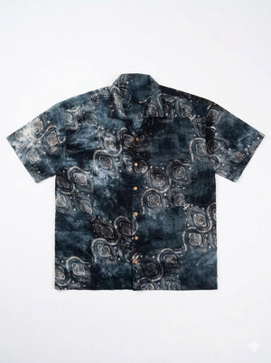 Aasman men's indigo tie-dye shirt with white paisley motifs, flat-lay front view