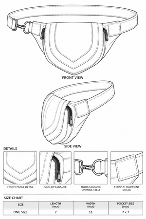 Aditya Festival Bag size chart showing one-size length, width and pocket measurements with line drawings