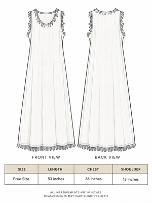 Afra Maxi Dress size chart showing free size, length 53 inches, chest 36 inches, shoulder 13 inches