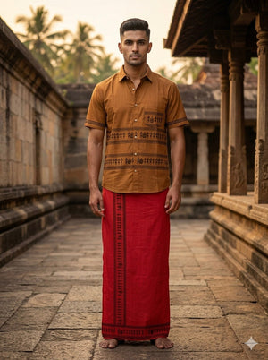 Man standing in Amrit handblock print short-sleeve cotton shirt and red dhoti, full-length outdoor view
