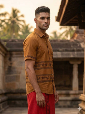 Side view of the Amrit ochre-brown handblock print cotton shirt for men, tribal band detailing