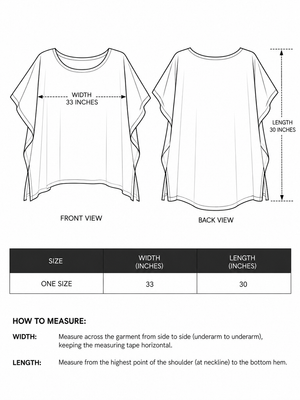 Aroha Poncho size chart: One Size, 33 inches wide, 30 inches long