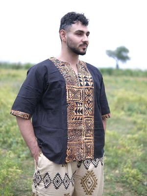Side view of the Raya Kurta showing the printed front panel and three-quarter sleeves, black cotton kurta for men