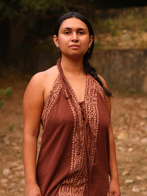 Rust brown Devi Maxi Dress bodice with block print border detail