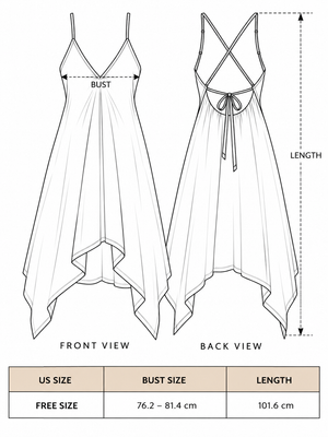 Dumati Dress free size chart with front and back views showing bust 76.2 to 81.4 cm and length 101.6 cm measurements