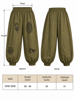 Earthbound harem pants size chart for one size: waist 28 to 40 inch, length 36 inch, inseam 21 inch
