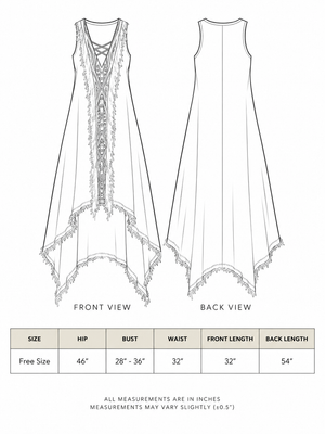 Size chart: front and back views with Free Size hip, bust, waist and length measurements