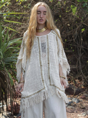 Esha Kaftan in natural cream, full-length front view of the fringed open-knit kaftan