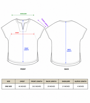 Geo Trail Kurta size chart: one size, chest 46 in, front length 26.5 in, back length 29 in
