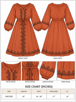 Gerua Dress one-size chart with measurements beside front and back views and neckline, waist, sleeve and hem details