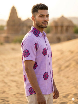 Back view of the Gul purple floral print cotton shirt for men with all-over blooms