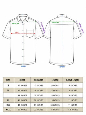 Gul Shirt size chart for men with chest, shoulder, length and sleeve measurements from S to XXXL