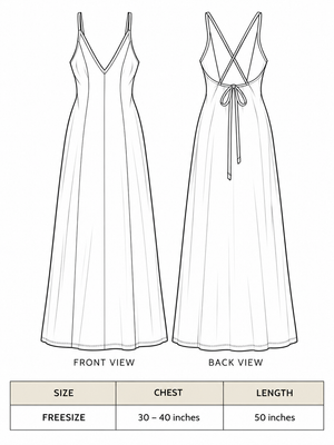 Idhika Dress size chart: free size, chest 30 to 40 inches, 50 inch length, front and back view