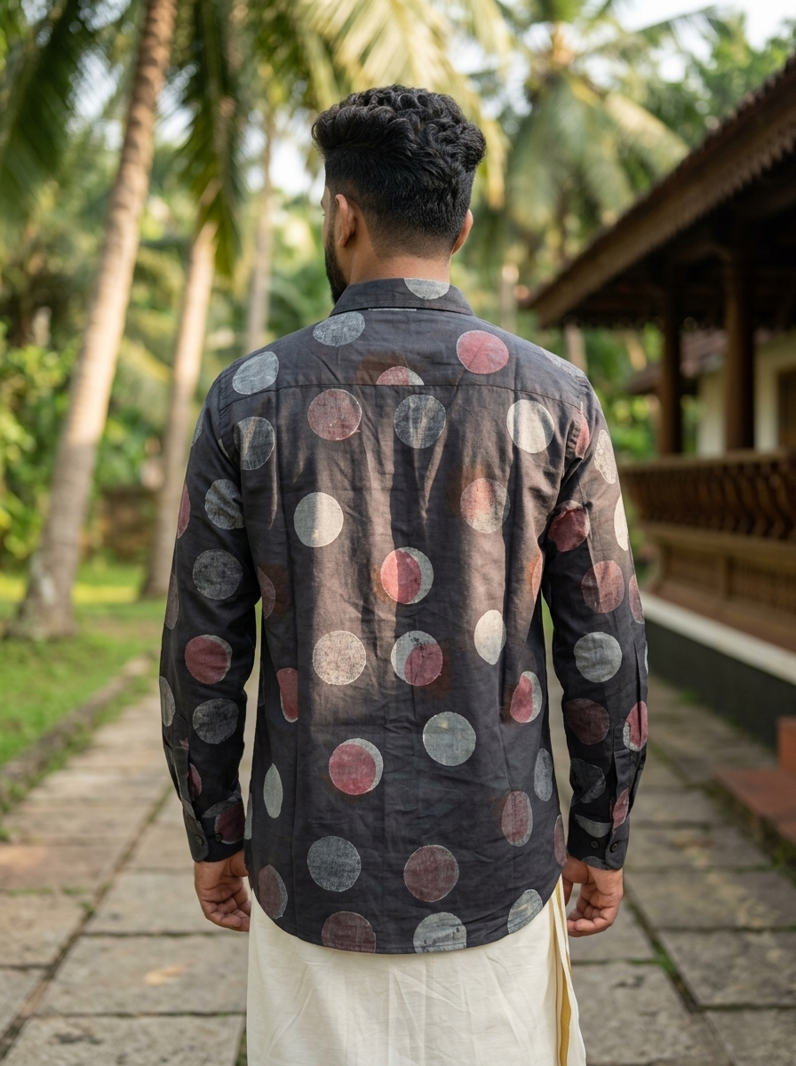 A man stands outdoors facing away, wearing the Aarush Polka Block Print Shirt—black with colorful polka dots—and a white traditional garment, seamlessly blending into a Boho wardrobe scene with palm trees and a wooden building in the background.