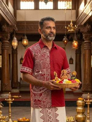 Man in the red Koothu Kathakali shirt holding a basket of deities and flowers in a traditional hall with brass lamps.