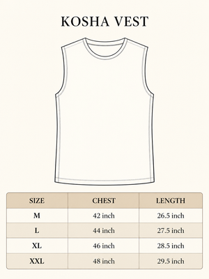 Kosha Vest size chart, chest 42 to 48 inch, length 26.5 to 29.5 inch across M, L, XL and XXL.