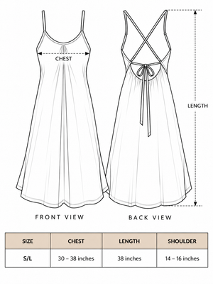 Lina Dress size chart for women: S/L, chest 30 to 38 inches, length 38 inches and shoulder 14 to 16 inches