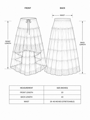 Size chart for the Mariya Maxi Skirt: one size, stretch waist 28-40 in, front 20 in, back 43 in