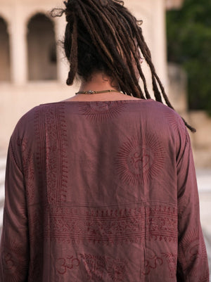 Maroon Om print kurta from behind, medallions and printed border band across the back panel