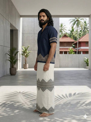 Three-quarter view of the Maruvam indigo cotton shirt for men showing the chest pocket, button placket and sleeve print