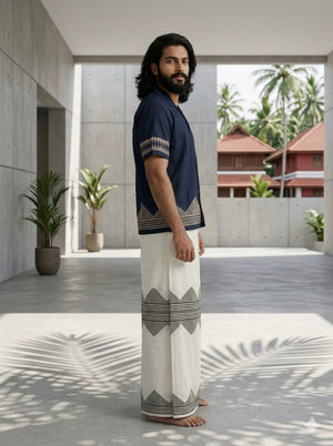 Maruvam indigo cotton shirt for men side profile showing the diamond print band on the short sleeve and hem border