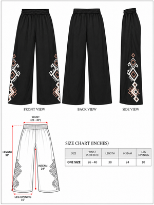 Naqsh wide-leg trousers size chart in inches with waist, length, inseam and leg opening for the one size fit