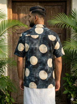 Nisha Shirt men's indigo tie-dye cotton shirt, back view showing the full hand block circle print