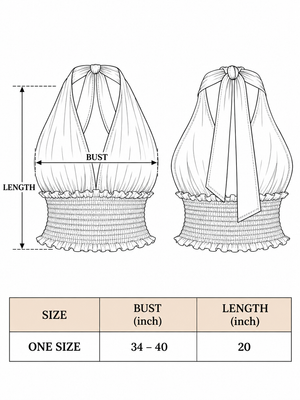 Noor halter top size chart, one size, bust 34-40 in and length 20 in
