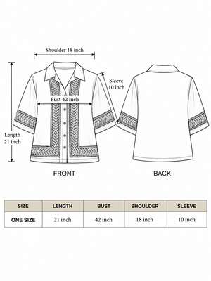 Noorrekha Shirt one-size chart with length, bust, shoulder and sleeve measurements