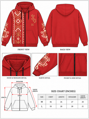 Riwaayat red zip hoodie size chart in inches with front, back, hood, sleeve and pocket detail views