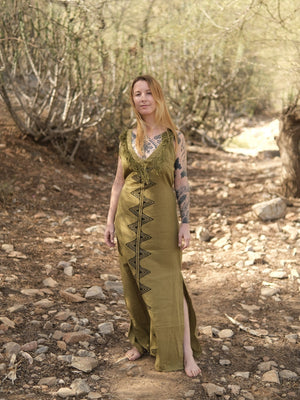 Sandhya Dress olive green geometric print khadi cotton sleeveless maxi dress for women, front view