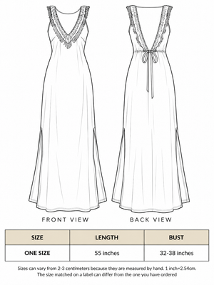 Sandhya Dress size chart for one size: 55 inch length and 32-38 inch bust